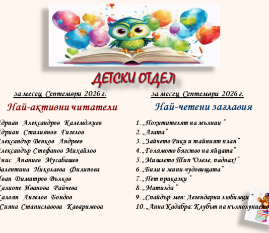 ДЕТСКИ ОТДЕЛ- Най-активни читатели и Най-четени заглавия за месец Септември 2026 г. ДЕТСКИ ОТДЕЛ- Най-активни читатели и Най-четени заглавия за месец Септември 2026 г.