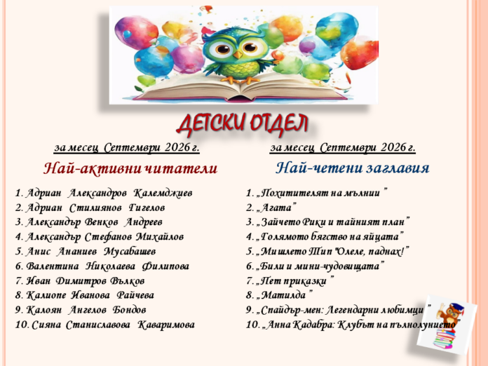 ДЕТСКИ ОТДЕЛ- Най-активни читатели и Най-четени заглавия за месец Септември 2026 г.